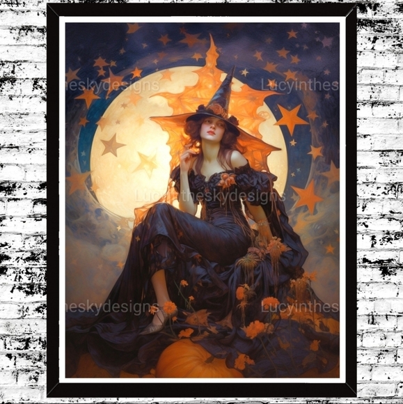 Handmade Other - Art Nouveau Vintage Halloween Witch Celestial Art Print Home Decor 8.5x11